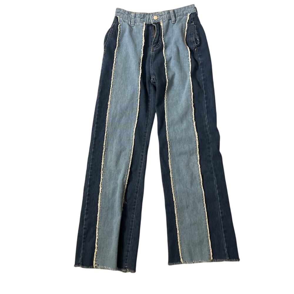 Colorblock Raw Hem Wide Leg Flare Jeans No Size Y2K Denim Festival Boho Rocker